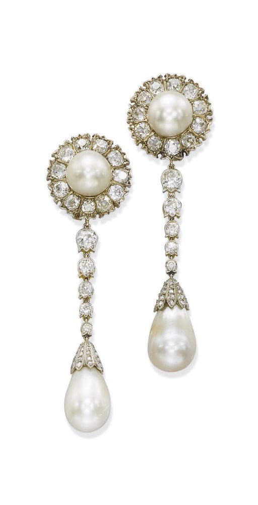 A PAIR OF NATURAL PEARL AND DIAMOND EAR PENDANTS