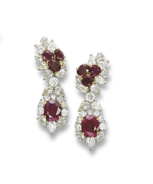 A PAIR OF RUBY AND DIAMOND EAR PENDANTS, BY BULGARI