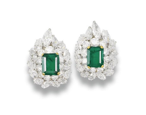 A PAIR OF EMERALD AND DIAMOND EAR CLIPS, BY BULGARI