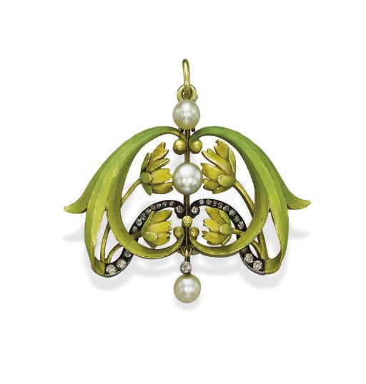 AN ANTIQUE ENAMEL, PEARL AND DIAMOND BROOCH/PENDANT, BY BOLIN
