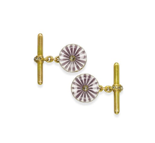 AN ANTIQUE PAIR OF GENTLEMAN'S ENAMEL AND DIAMOND CUFFLINKS, BY FABERGÉ