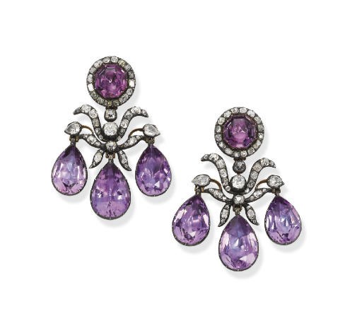 A HISTORIC PAIR OF 18TH CENTURY AMETHYST AND DIAMOND EAR PENDANTS