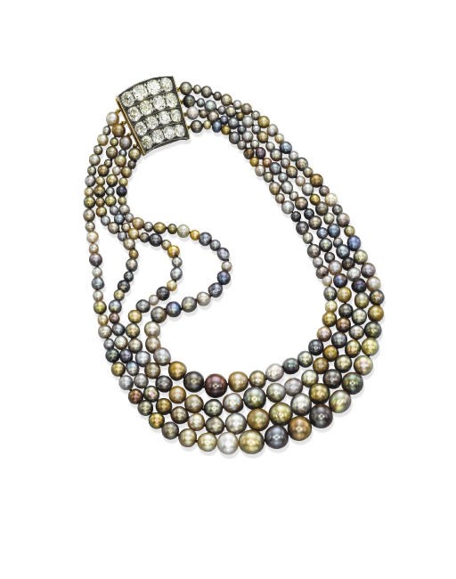 A VERY ELEGANT NATURAL COLOURED PEARL AND DIAMOND NECKLACE