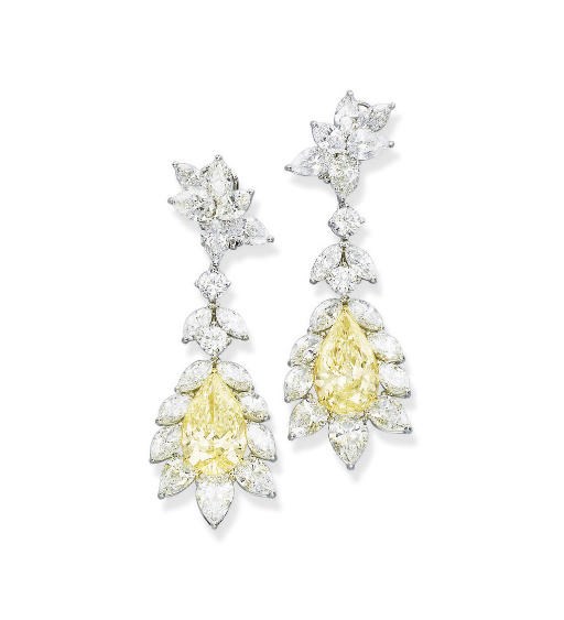 A PAIR OF COLOURED DIAMOND AND DIAMOND EAR PENDANTS