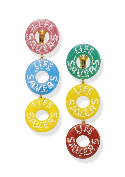 A PAIR OF MULTI-GEM AND DIAMOND 'LIFE SAVERS' EAR PENDANTS, BY SUZANNE SYZ