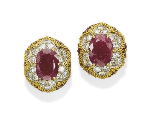 A PAIR OF RUBY, DIAMOND AND GOLD EAR CLIPS, BY VAN CLEEF & ARPELS