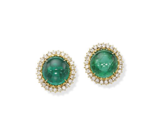 A PAIR OF EMERALD AND DIAMOND EAR CLIPS, BY VAN CLEEF & ARPELS