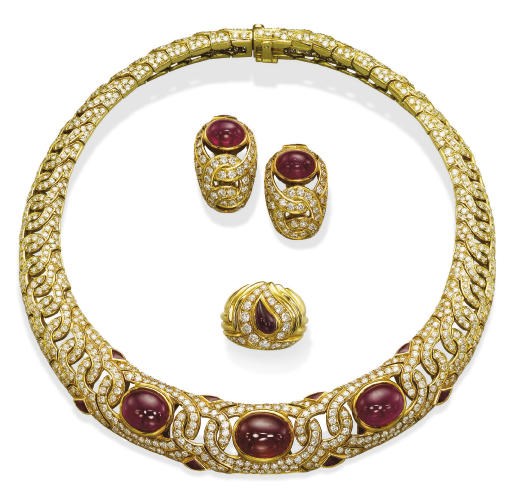 A SET OF RUBY AND DIAMOND JEWELLERY, BY BULGARI AND A RUBY AND DIAMOND RING, BY CHOPARD