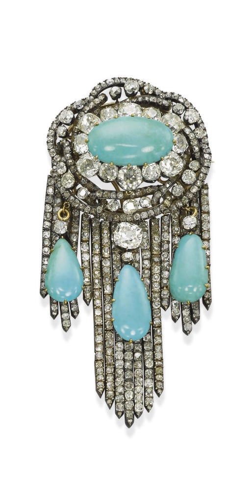 AN ANTIQUE DIAMOND AND TURQUOISE BROOCH