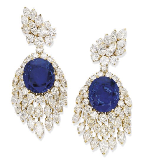 A PAIR OF IMPRESSIVE SAPPHIRE AND DIAMOND EAR PENDANTS, BY M. GÉRARD