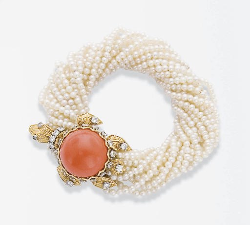 BRACELET TORTUE PERLES DE CULTURE, CORAIL ET DIAMANTS, PAR CARTIER