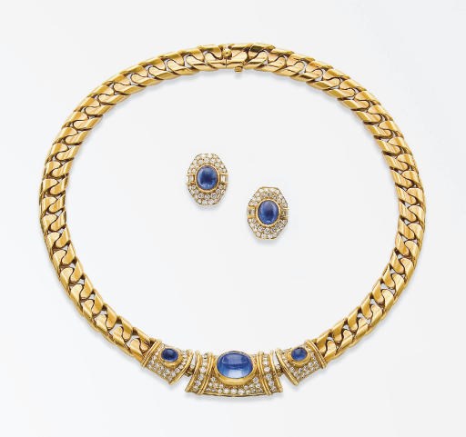 COLLIER ET PAIRE DE BOUCLES D'OREILLES SAPHIRS ET DIAMANTS, PAR BULGARI