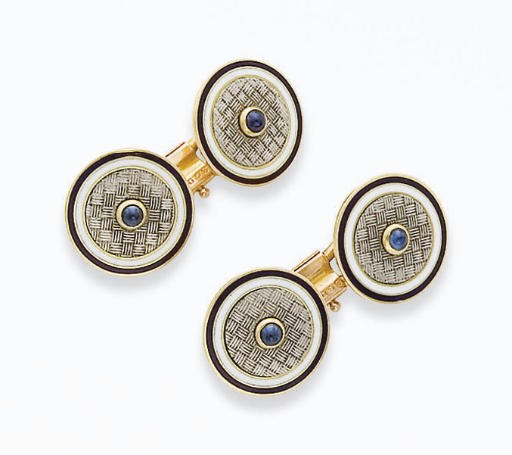 PAIRE DE BOUTONS DE MANCHETTES EMAIL ET SAPHIRS