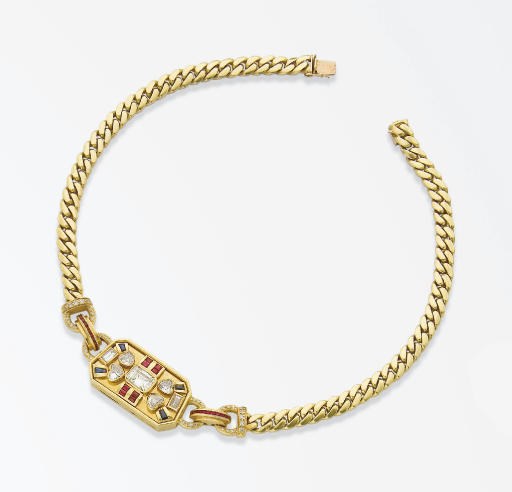 COLLIER PLAQUE DIAMANTS ET RUBIS