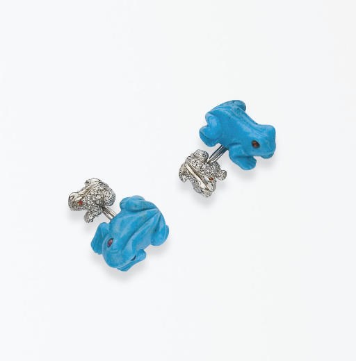 PAIRE DE BOUTONS DE MANCHETTES TURQUOISE ET DIAMANTS
