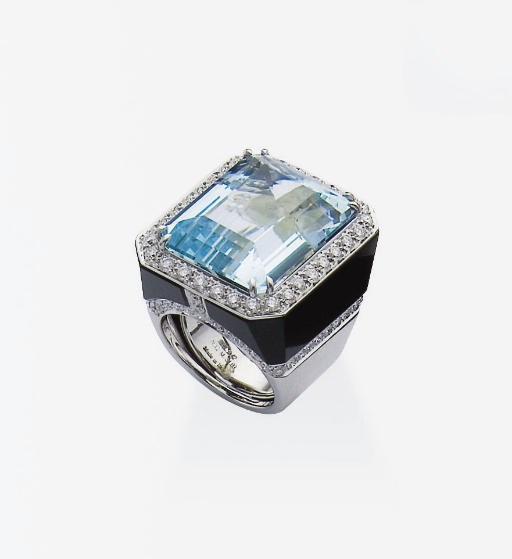 BAGUE ONYX, AIGUE-MARINE ET DIAMANTS, PAR MARGHERITA BURGENER