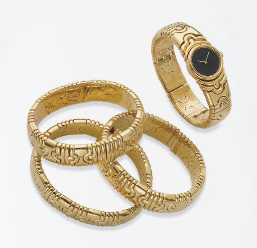 TROIS BRACELETS ET UNE MONTRE BRACELET "PARENTESI" EN OR, PAR BULGARI