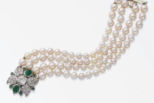 BRACELET PERLES DE CULTURE, EMERAUDES ET DIAMANTS, PAR RENE BOIVIN