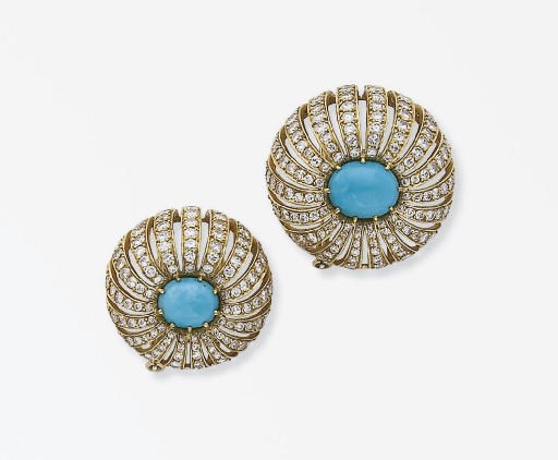 PAIRE DE CLIPS TURQUOISES ET DIAMANTS