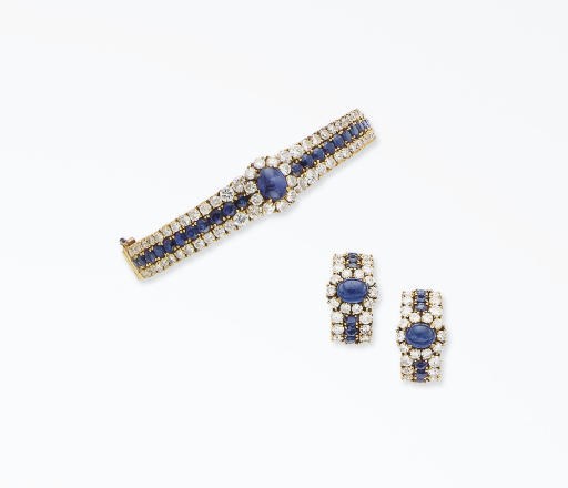BRACELET ET PAIRE DE CLIPS D'OREILLES SAPHIRS ET DIAMANTS
