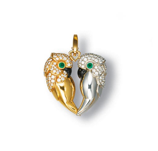 A DIAMOND, EMERALD AND ONYX BIRD PENDANT, BY CARTIER