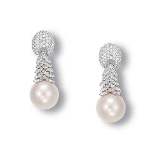 A PAIR OF CULTURED PEARL AND DIAMOND EAR PENDANTS