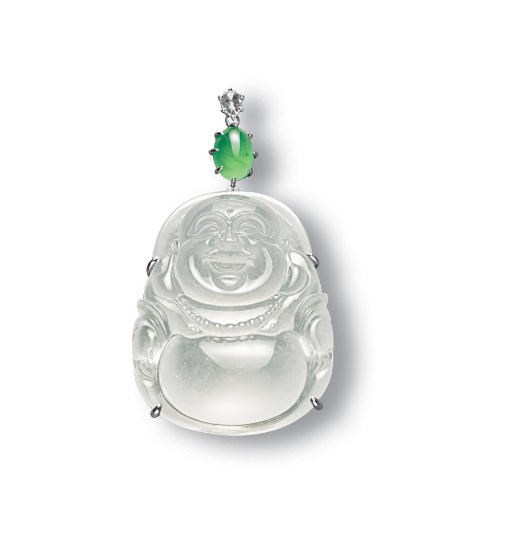 A JADEITE MILEFO AND DIAMOND PENDANT