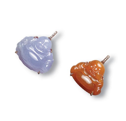A PAIR OF JADEITE MILEFO AND DIAMOND PENDANTS