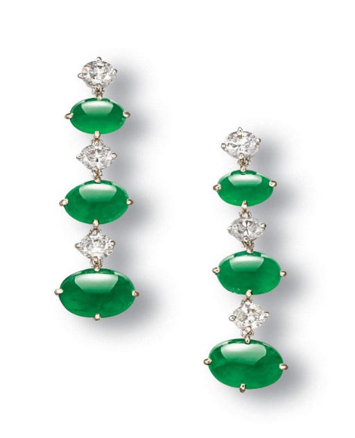 A PAIR OF JADEITE AND DIAMOND EAR PENDANTS