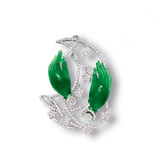 A JADEITE AND DIAMOND BROOCH
