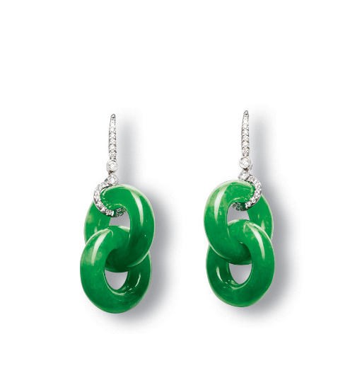 A PAIR OF JADEITE DOUBLE HOOP AND DIAMOND EAR PENDANTS