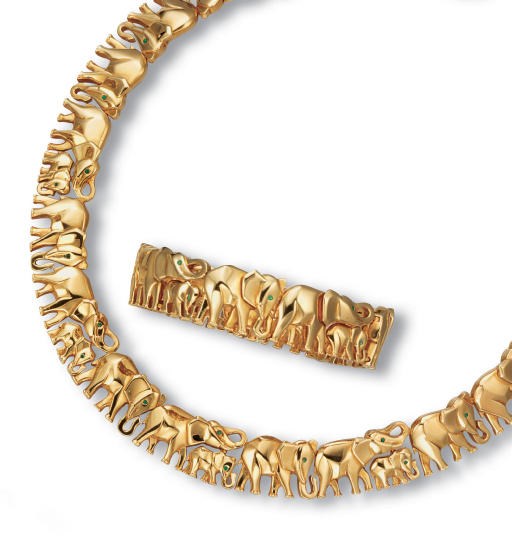 A SUITE OF 18K GOLD AND EMERALD ELEPHANT JEWELLERY, BY CARTIER