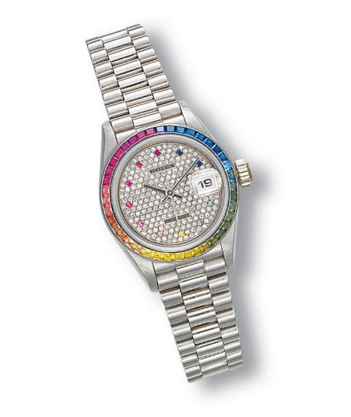 A LADY'S 18K WHITE GOLD, DIAMOND AND MULTI-GEM 'DATEJUST' WRISTWATCH, BY ROLEX