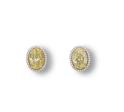 A COLOURED DIAMOND AND DIAMOND EAR CLIPS