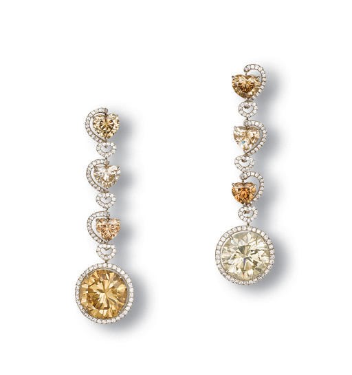 A PAIR OF COLOURED DIAMOND AND DIAMOND EAR PENDANTS