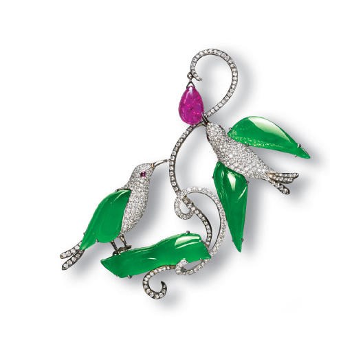 A JADEITE, DIAMOND AND RUBY CLIP BROOCH