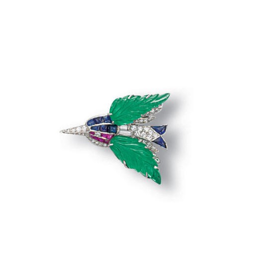A MULTI-GEM AND DIAMOND BIRD BROOCH, BY CARTIER