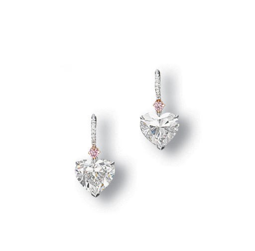 A PAIR OF DIAMOND AND COLOURED DIAMOND EARRINGS