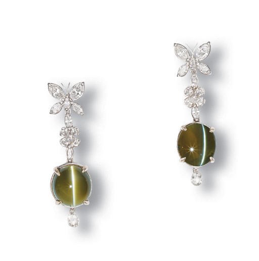 A PAIR OF CAT'S EYE CHRYSOBERYL AND DIAMOND EAR PENDANTS
