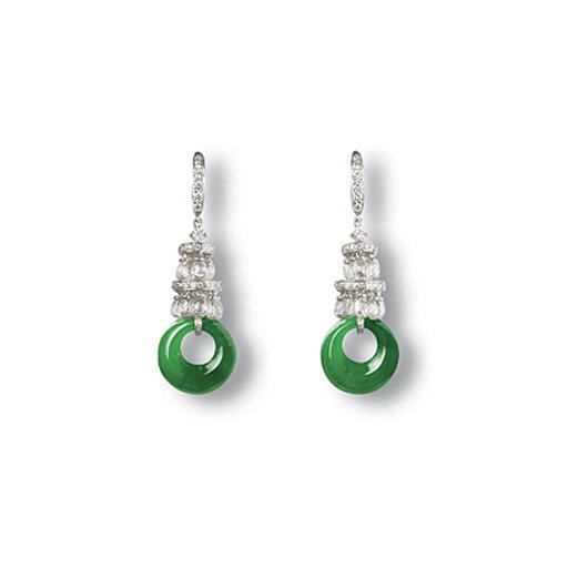 A PAIR OF JADEITE AND DIAMOND EAR PENDANTS