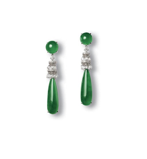 A PAIR OF JADEITE AND DIAMOND EAR PENDANTS