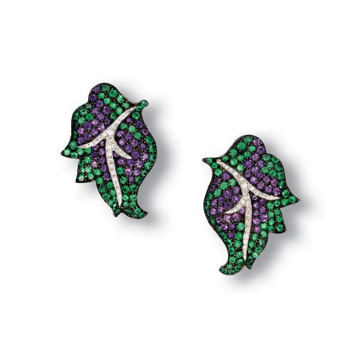 A PAIR OF AMETHYST, EMERALD AND DIAMOND LEAF EAR CLIPS, BY CARNET
