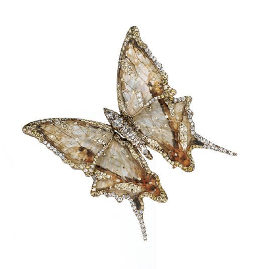 AN EXQUISITE COLOURED DIAMOND, ROCK CRYSTAL AND MOTHER-OF-PEARL CLIP BROOCH, BY WALLACE CHAN