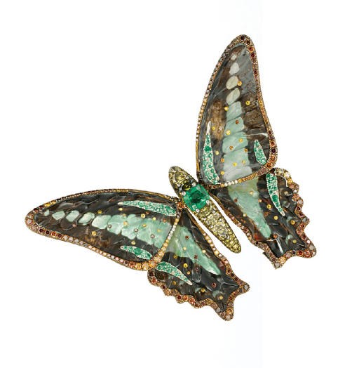 AN EXQUISITE COLOURED DIAMOND AND MULTI-GEM BUTTERFLY CLIP BROOCH, BY WALLACE CHAN