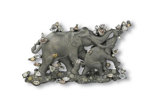 AN IMPRESSIVE MULTI-COLOURED DIAMOND AND TITANIUM ELEPHANT CLIP BROOCH, BY WALLACE CHAN