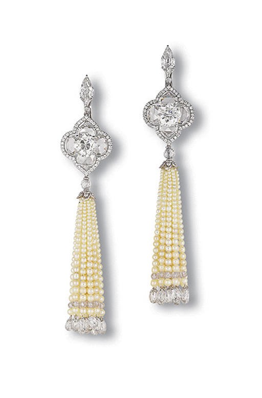 A PAIR OF CHARMING PEARL AND DIAMOND EAR PENDANTS, BY BHAGAT