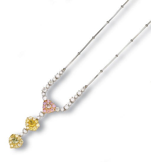 A COLOURED DIAMOND AND DIAMOND PENDENT NECKLACE