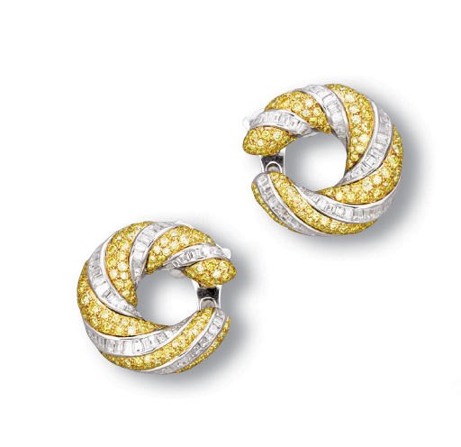 A PAIR OF DIAMOND AND COLOURED DIAMOND EAR CLIPS, BY GRAFF