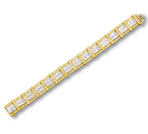 A DIAMOND AND COLOURED DIAMOND BRACELET, BY GRAFF