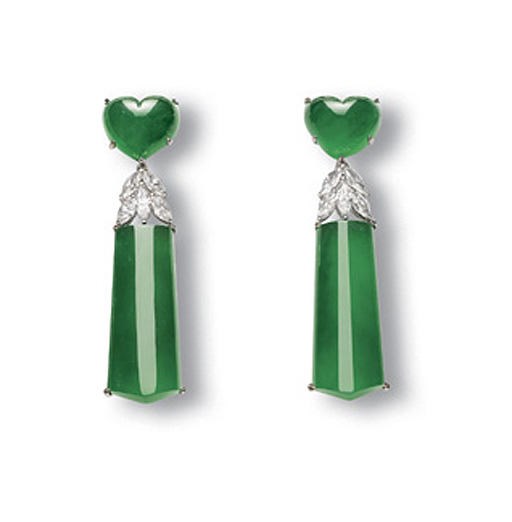 A PAIR OF IMPRESSIVE JADEITE AND DIAMOND EAR PENDANTS